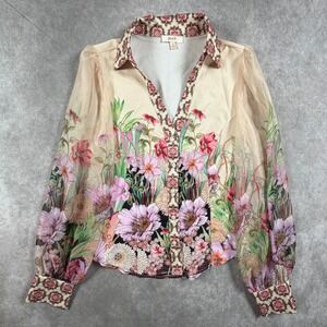 Peach Womens Small Blouse Multicolor Floral Sheer Long Sleeve Jeweled Buttons